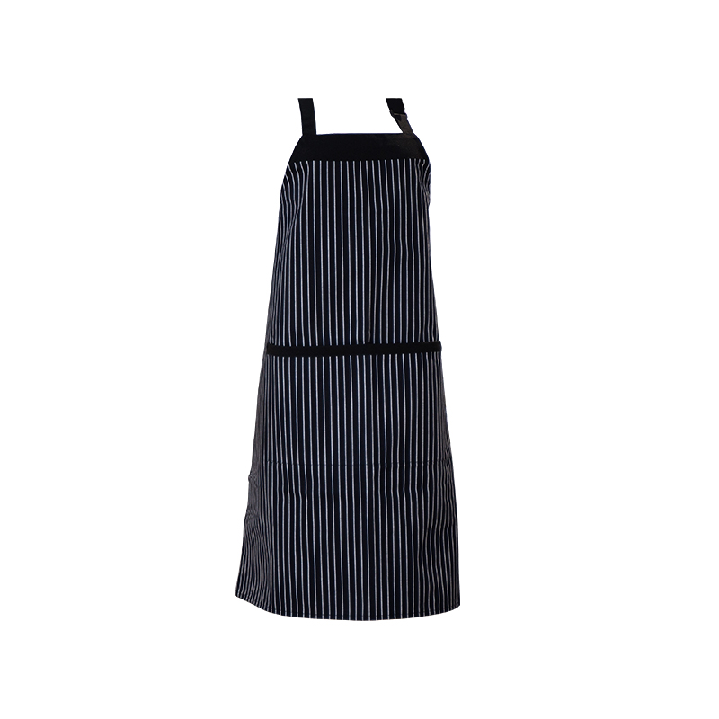 Nigrum et Alba Striped Polyester / Cotton Collo APRRON cum Pockets et Valpae Buttons